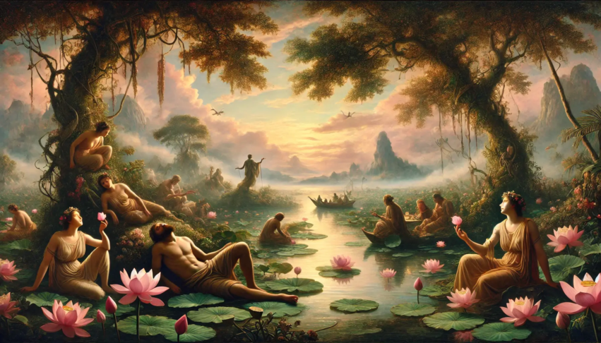 The lotus eaters from the poem are depicted eating lotuses.