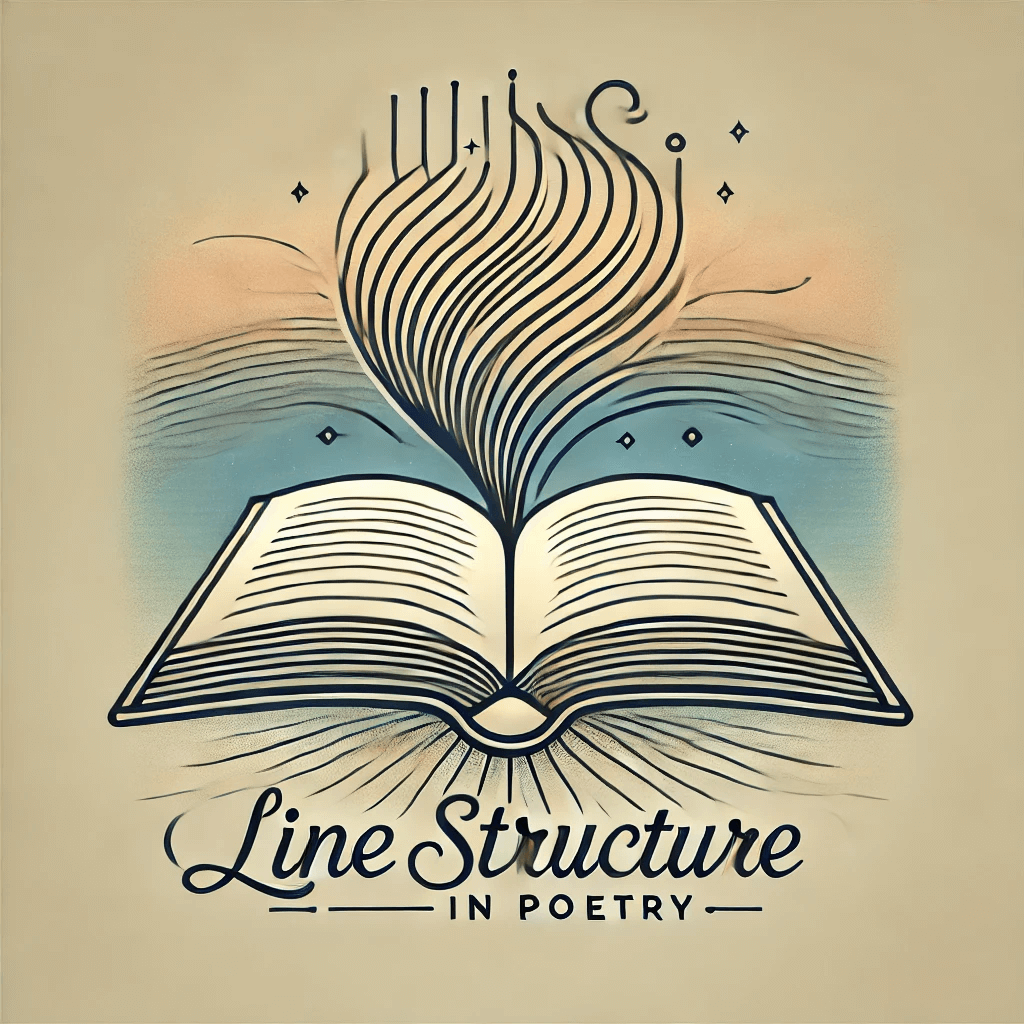 Logo for the podcast episode 'Line Structure in Poetry,' featuring an open book with flowing lines of poetry extending from the pages. The lines transition from short to long, representing the varying lengths of poetic lines. The background is a soft gradient from cool blue to warm gold, symbolizing emotional contrasts in poetry. The title 'Line Structure in Poetry' is written in elegant, flowing typography above the book, emphasizing the creative and artistic nature of the podcast.